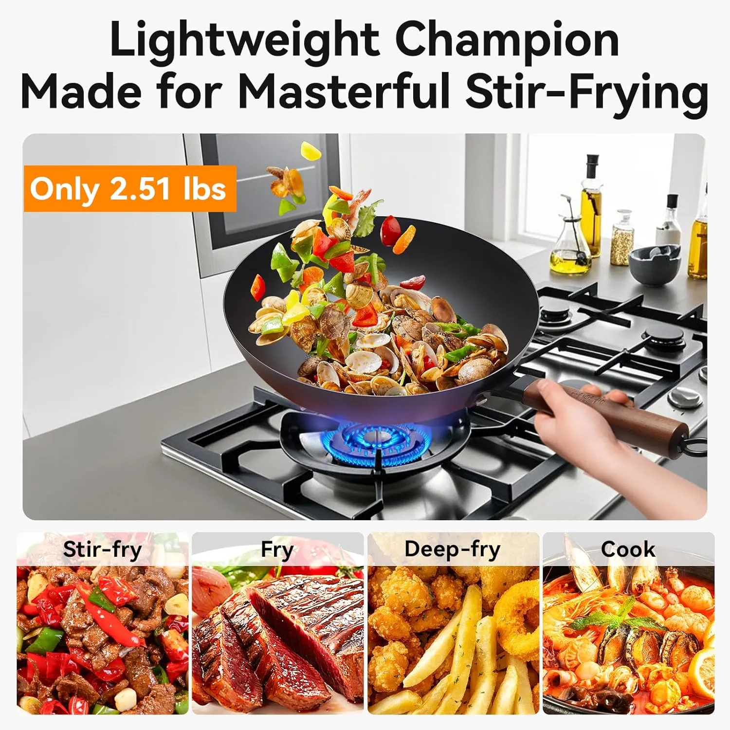 WANGYUANJI Iron Wok 12.6 inches,Wooden Handle Chinese Iron Pot Carbon Steel Wok Non-Coated Stir Fry Pan,Suitable for Home Cooking, Compatible with Induction, Gas, and Electric Ceramic Cooktops