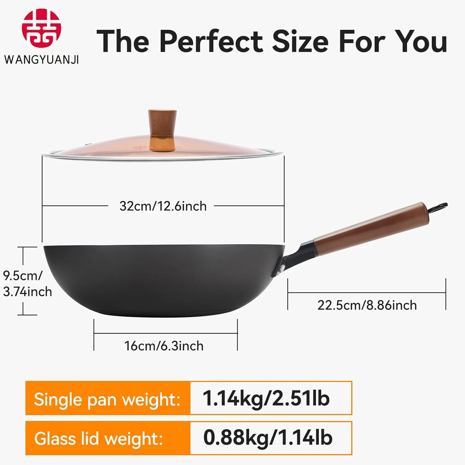 WANGYUANJI Iron Wok 12.6 inches,Wooden Handle Chinese Iron Pot Carbon Steel Wok Non-Coated Stir Fry Pan,Suitable for Home Cooking, Compatible with Induction, Gas, and Electric Ceramic Cooktops