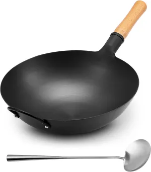 WANGYUANJI Iron Wok,13.38’’ Traditional Round-Bottom Wok, Chef’s Professional Stir-Fry Pan with Wooden Handle, Chemical-Free Wok for Gas Stoves and Round-Bottom Induction Stovetop(No lid included)
