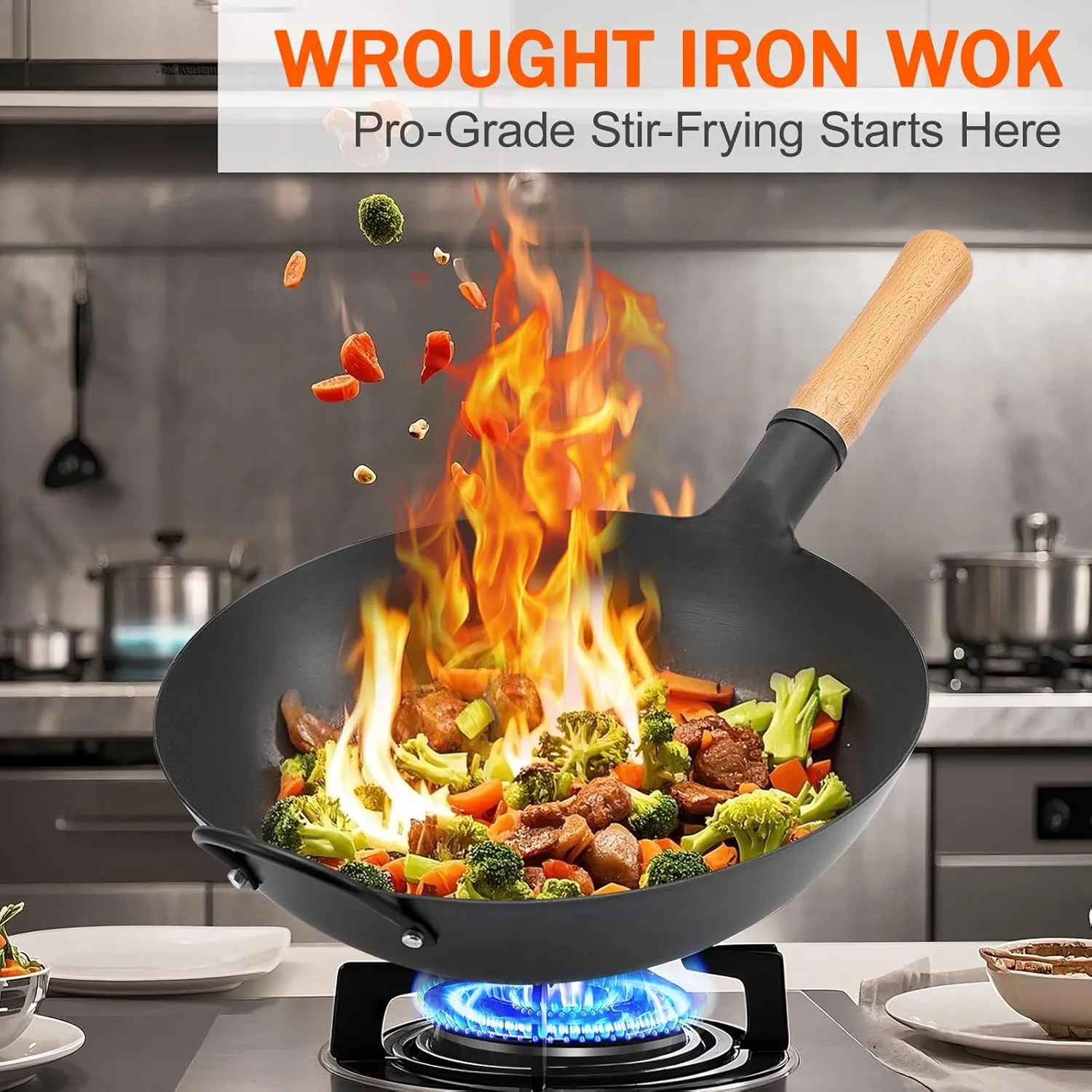 WANGYUANJI Iron Wok,13.38’’ Traditional Round-Bottom Wok, Chef’s Professional Stir-Fry Pan with Wooden Handle, Chemical-Free Wok for Gas Stoves and Round-Bottom Induction Stovetop(No lid included)