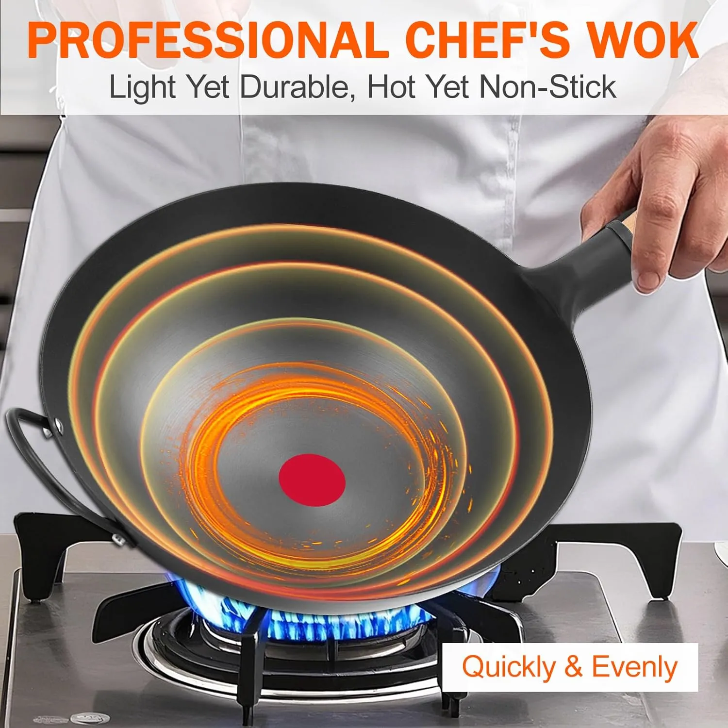 WANGYUANJI Iron Wok,13.38’’ Traditional Round-Bottom Wok, Chef’s Professional Stir-Fry Pan with Wooden Handle, Chemical-Free Wok for Gas Stoves and Round-Bottom Induction Stovetop(No lid included)