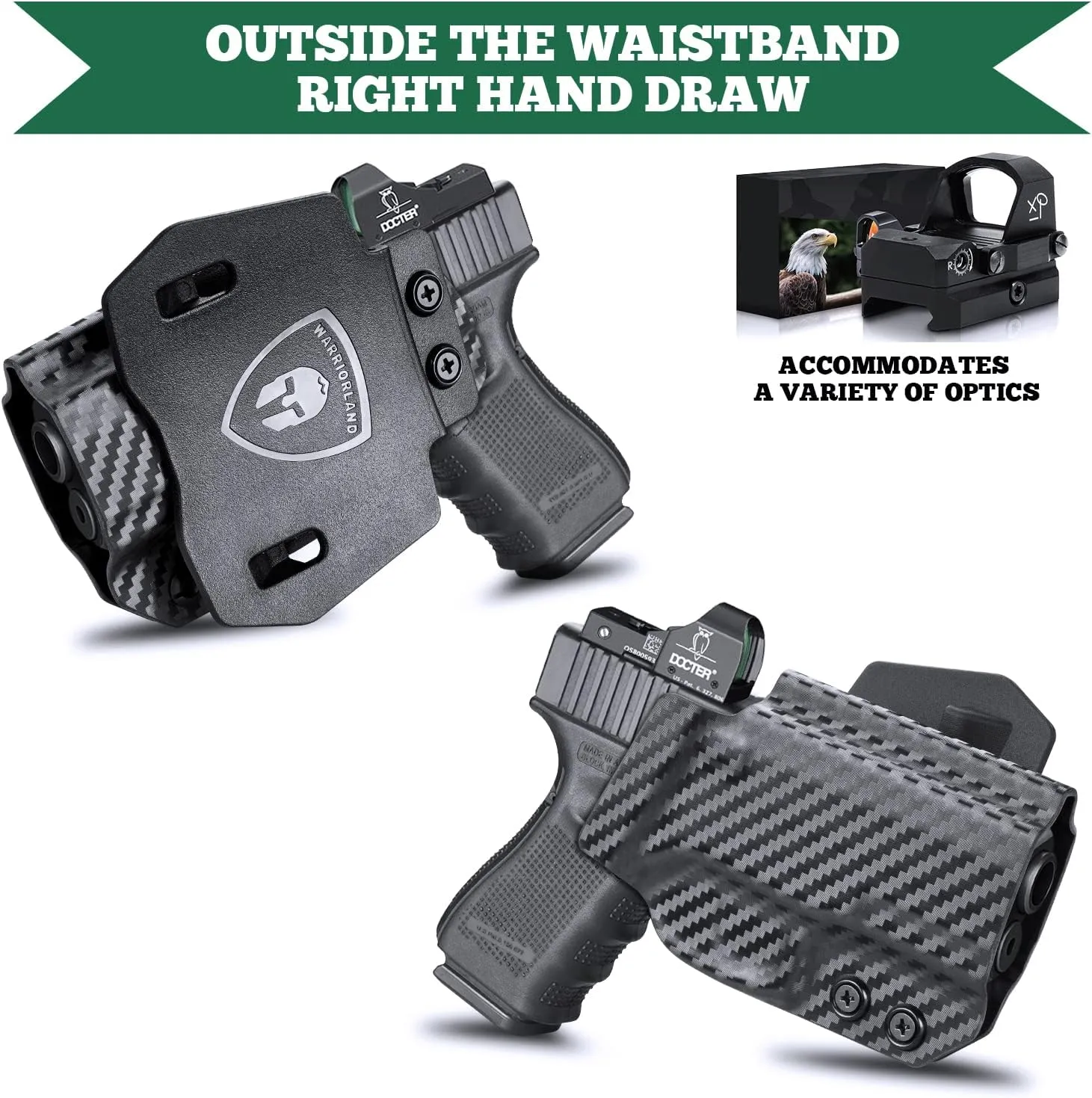 WARRIORLAND OWB Kydex Holster with Optic Cut, Fits Select Glock 17/19/19X, G43/43X, Hellcat/Hellcat Pro, Taurus G2C/G3C, M&P Shield 9, M&P 9/380 Shield EZ, Sig P320/P365/P226 and More, 1.75" Paddle