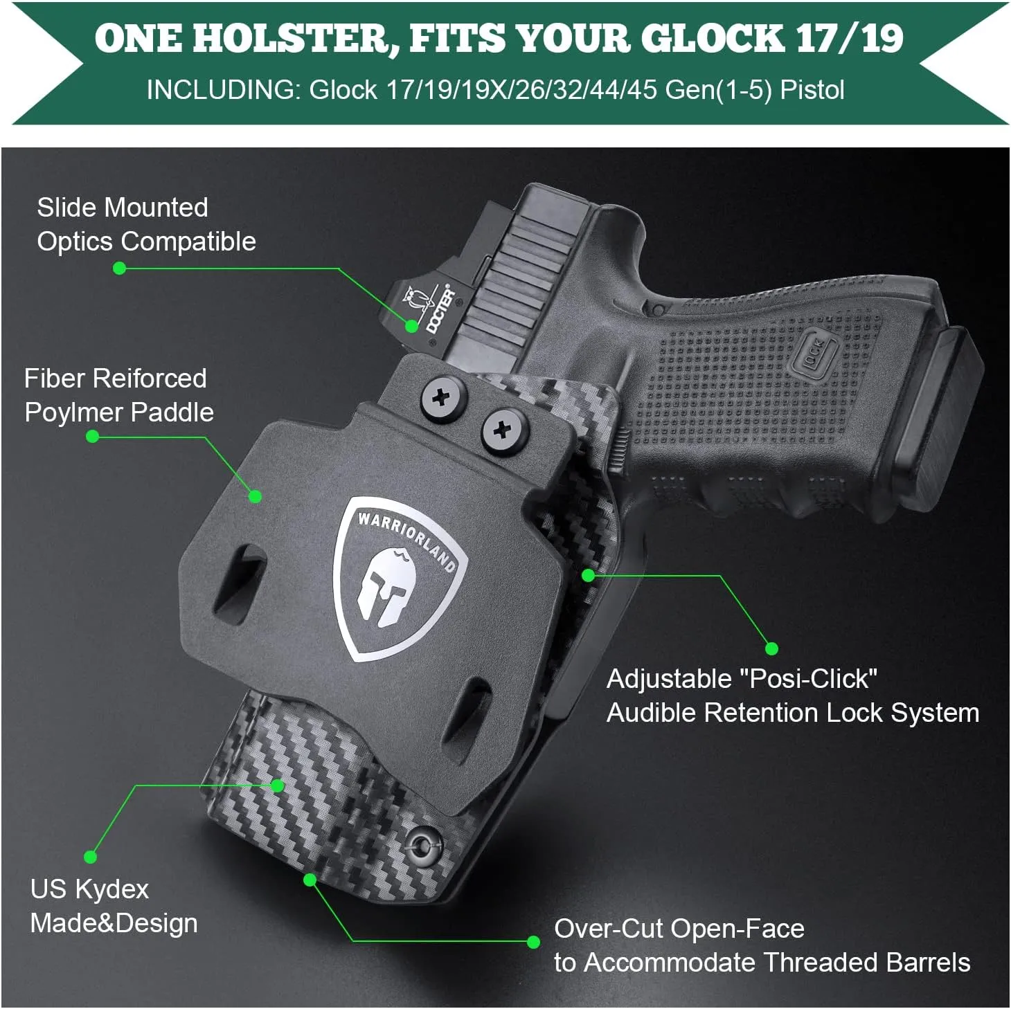 WARRIORLAND OWB Kydex Holster with Optic Cut, Fits Select Glock 17/19/19X, G43/43X, Hellcat/Hellcat Pro, Taurus G2C/G3C, M&P Shield 9, M&P 9/380 Shield EZ, Sig P320/P365/P226 and More, 1.75" Paddle