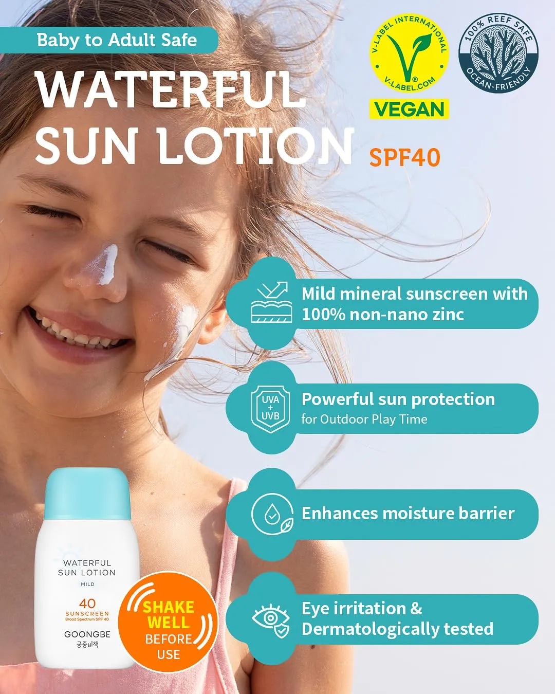 Waterful Sun Lotion Mild SPF 40 - Zinc Oxide Water Resistant Mineral Sunscreen for Babies, Kids & Adults - Hypoallergenic, Vegan, Reef-Safe - Korean Sun Care for Sensitive Skin, 2.82 fl.oz.