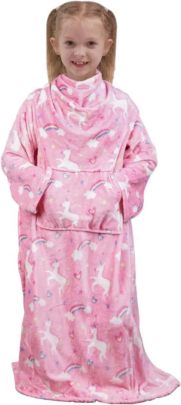 Wearable Fleece Blanket with Sleeves & Foot Pocket for Kids Boys Girls Children,Lightweight Soft Blanket with Sleeves and Hook & Loop 48" x 48" Pink Unicorn