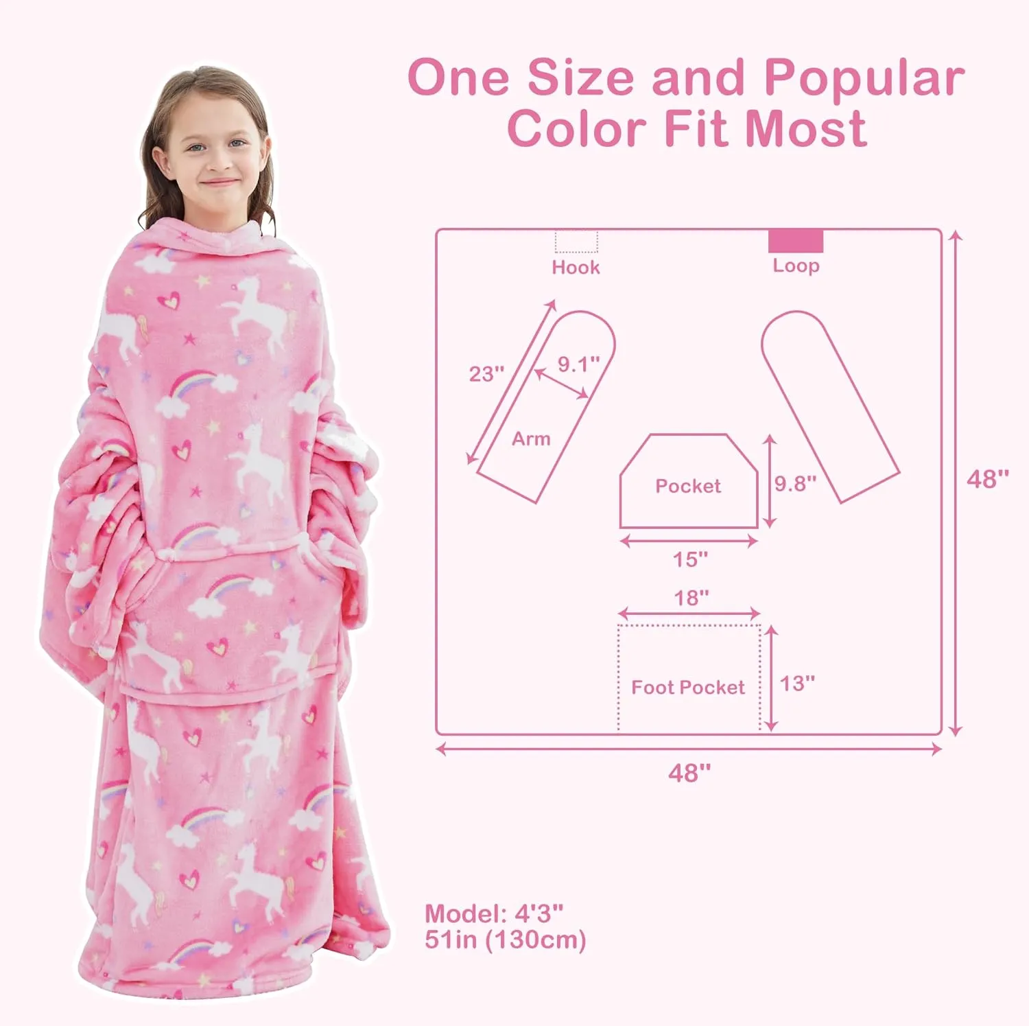 Wearable Fleece Blanket with Sleeves & Foot Pocket for Kids Boys Girls Children,Lightweight Soft Blanket with Sleeves and Hook & Loop 48" x 48" Pink Unicorn