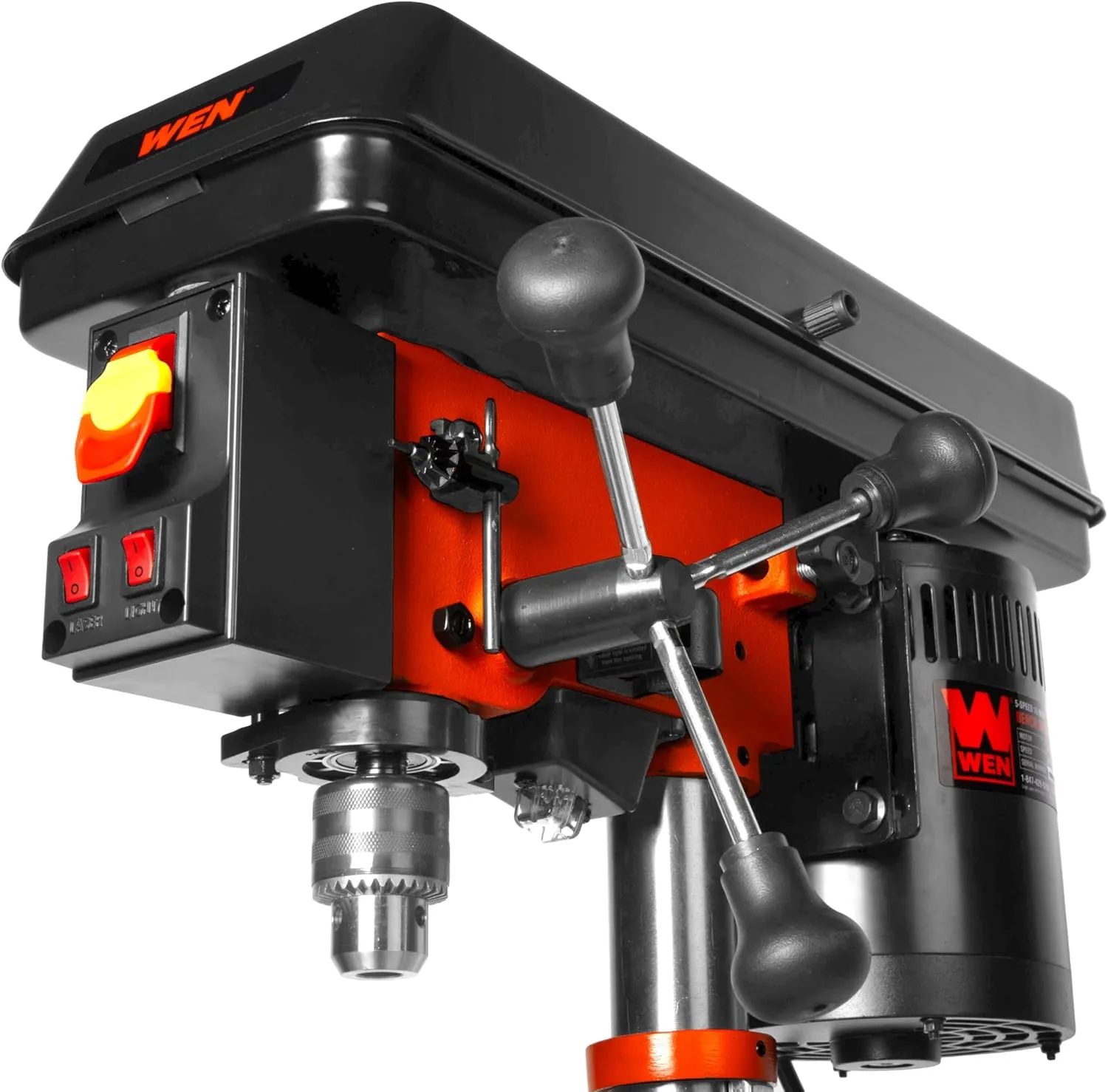 WEN 10-Inch Benchtop Drill Press, 6.2-Amp 5-Speed Motor with Cast Iron Construction, Laser and LED Work Light (DP1050)