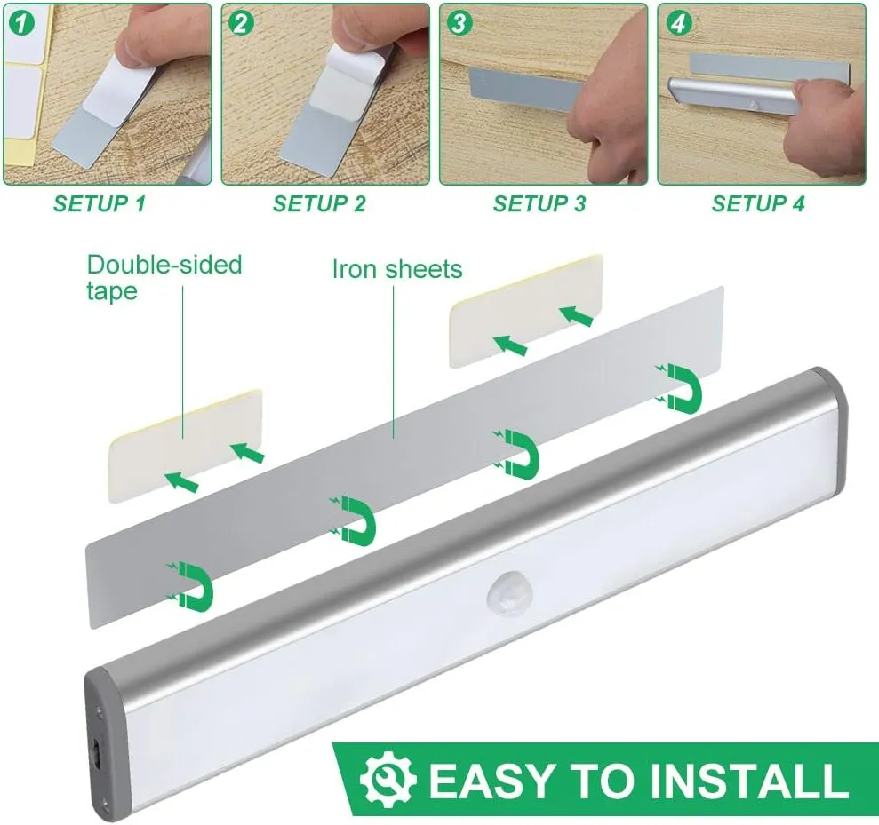 Wireless Motion Sensor Cabinet Lights 10-LED USB Rechargeable Closet Lights LED Under Cabinet Lighting for Wardrobe/Drawer/Stairs/Cupboard/Counter/Pantry/Stairs,Stick On Anywhere,2 Pack,White Light