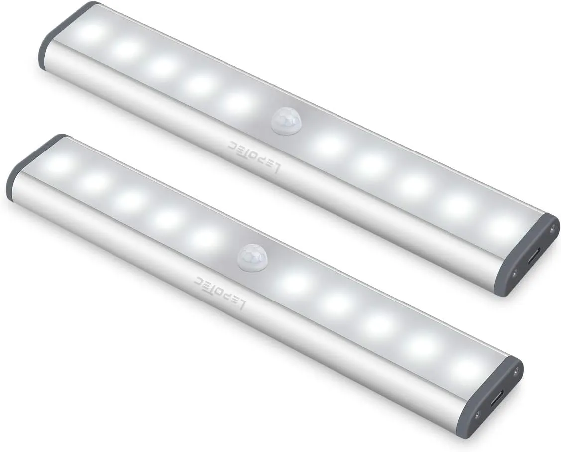 Wireless Motion Sensor Cabinet Lights 10-LED USB Rechargeable Closet Lights LED Under Cabinet Lighting for Wardrobe/Drawer/Stairs/Cupboard/Counter/Pantry/Stairs,Stick On Anywhere,2 Pack,White Light