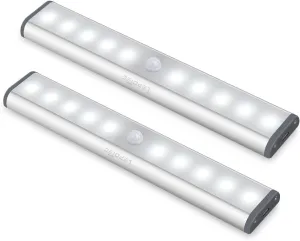 Wireless Motion Sensor Cabinet Lights 10-LED USB Rechargeable Closet Lights LED Under Cabinet Lighting for Wardrobe/Drawer/Stairs/Cupboard/Counter/Pantry/Stairs,Stick On Anywhere,2 Pack,White Light