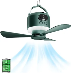 Wireless Portable Ceiling Fan with Remote, 3-Blade Design, 10040mAh Battery Operated, USB Rechargeable Hanging Fan with Hook for Tent, Camping, Outdoor, Emergency Use(Green)