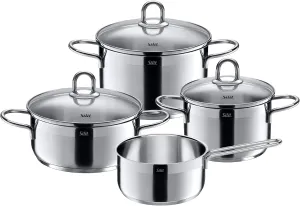 WMF Pot Set 4 Piece Diamant Pouring Rim Glass Lid Stainless Steel Polished Suitable for Induction Hobs Dishwasher-Safe