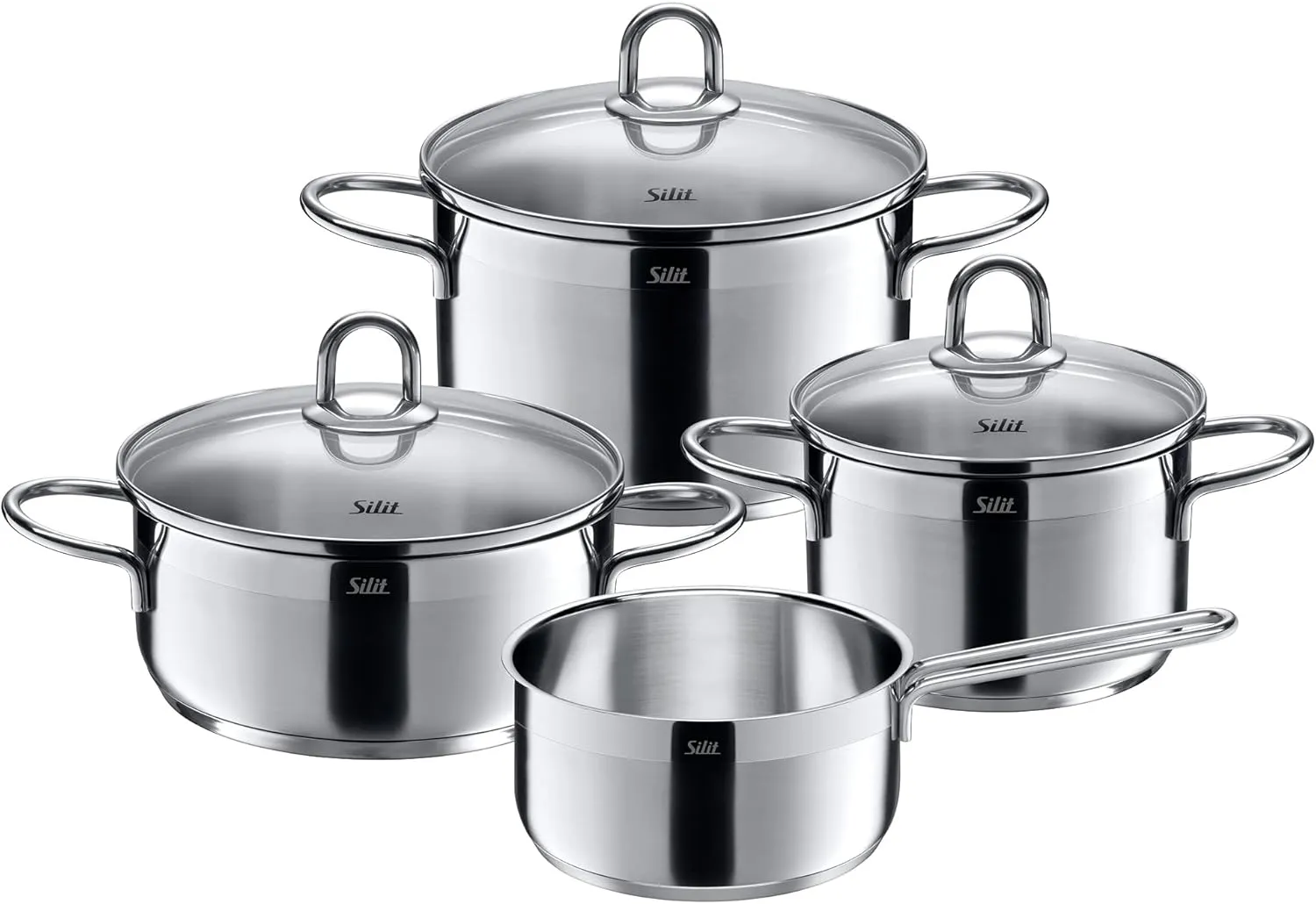 WMF Pot Set 4 Piece Diamant Pouring Rim Glass Lid Stainless Steel Polished Suitable for Induction Hobs Dishwasher-Safe