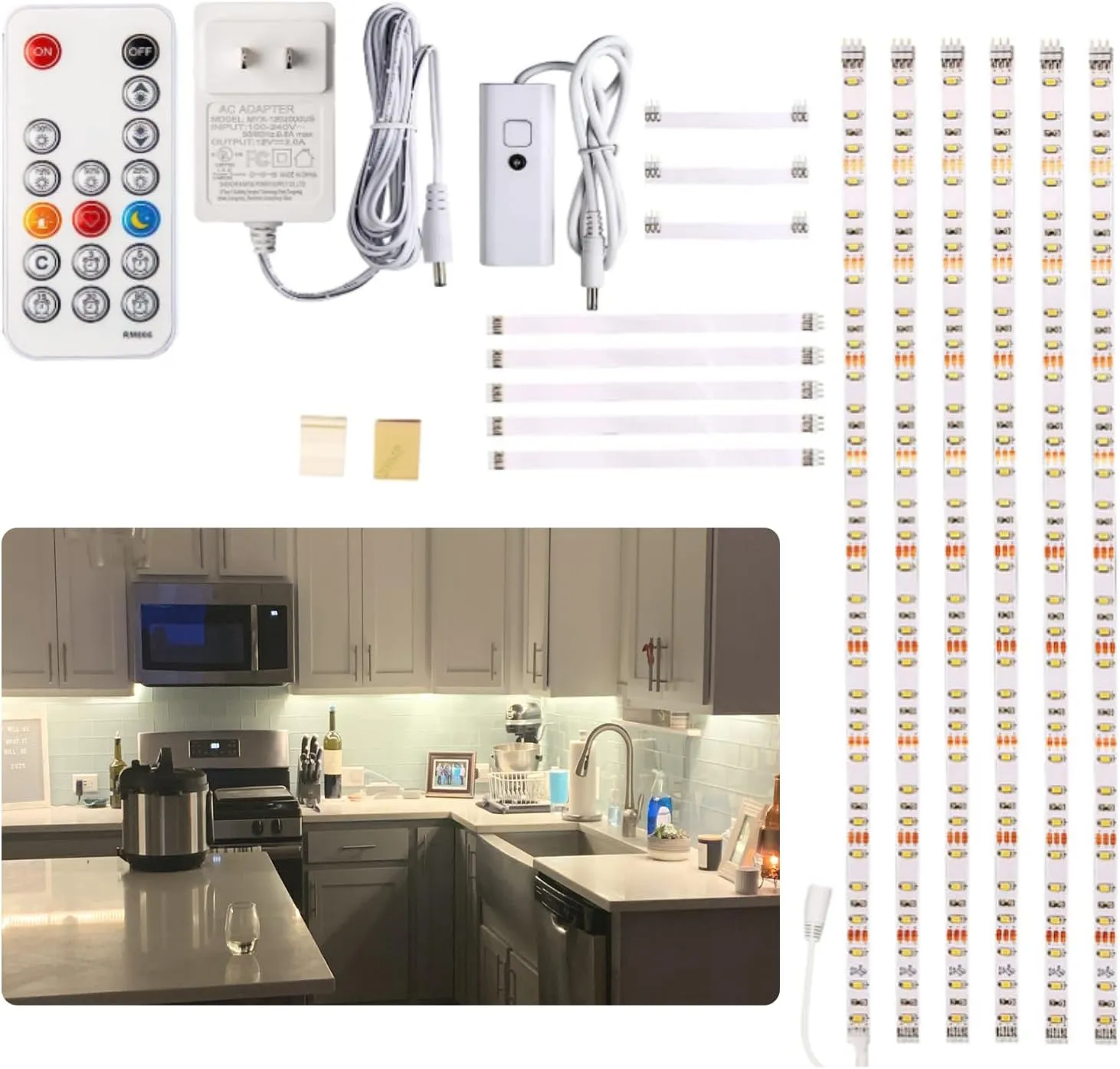 WOBANE Under Cabinet Lighting Kit, 6PCS 20inch LED Strip Bars with 24W Adapter,RF Remote,Super Bright Daylight for Kitchen Cabinet,Under Desk,Counter Lighting,4000K Natural White,1500 Lumen,Dimmable