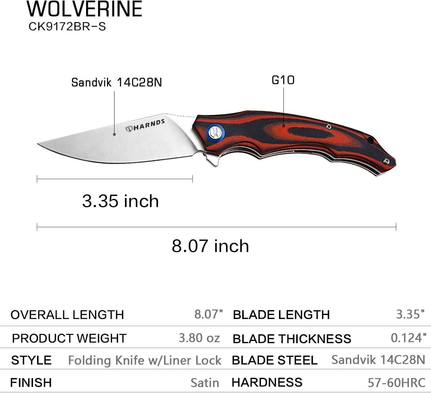 Wolverine Folding Knife Flipper Sandvik Steel Blade G10 Handle Pocket Camping Knife Ball Bearing with Pocket Clip (black red satin)