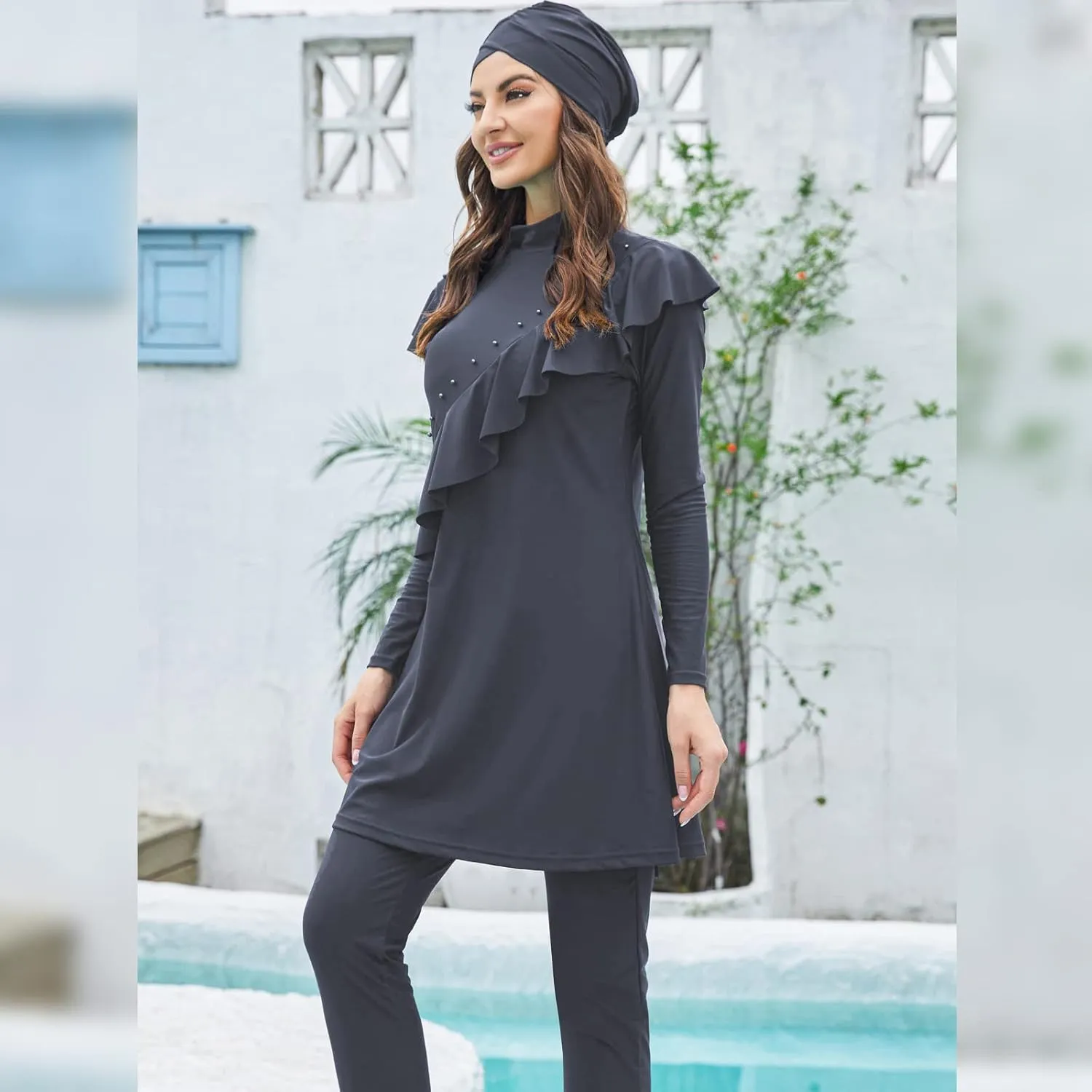 Women Muslim Swimwear Islamic Modest Swimsuit 3 Pieces Full Cover Hijab Long Sleeve Burkini Top Dress   Pants