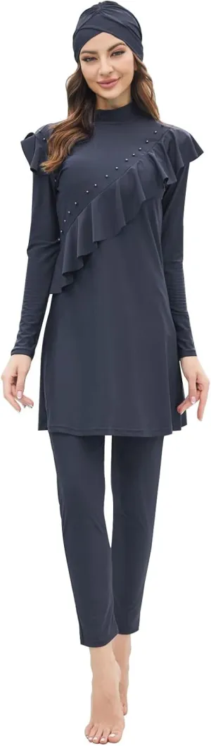 Women Muslim Swimwear Islamic Modest Swimsuit 3 Pieces Full Cover Hijab Long Sleeve Burkini Top Dress   Pants