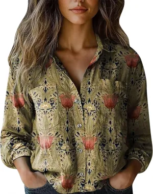 Women's Linen Blouse Women's Floral Butterfly Print Natural Autumn Fragrant Fabric Shirt Cotton Linen Shirt Blouse