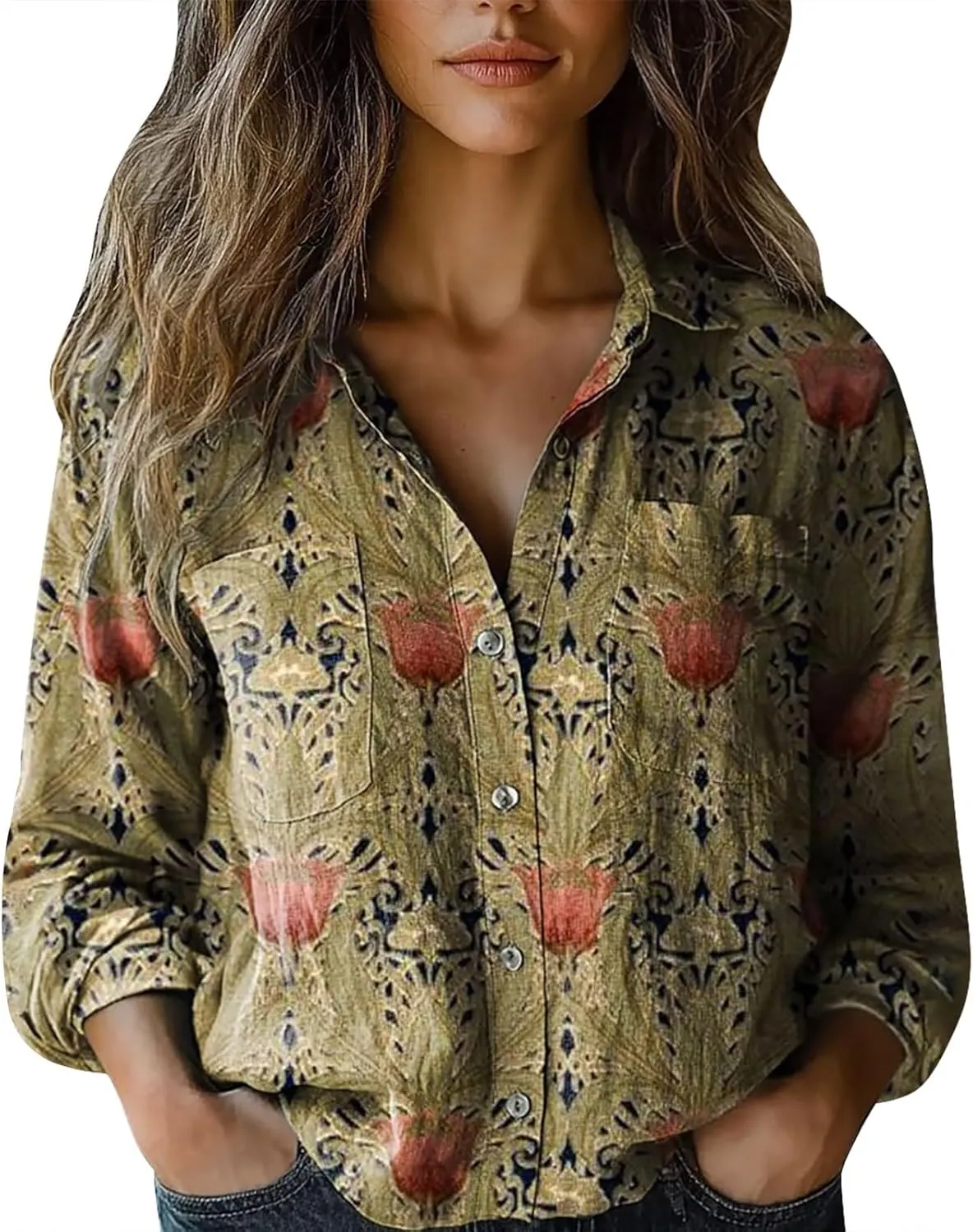 Women's Linen Blouse Women's Floral Butterfly Print Natural Autumn Fragrant Fabric Shirt Cotton Linen Shirt Blouse
