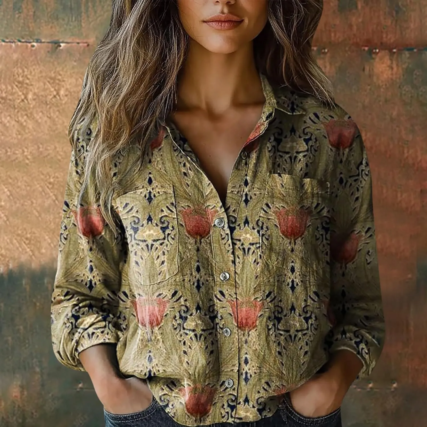 Women's Linen Blouse Women's Floral Butterfly Print Natural Autumn Fragrant Fabric Shirt Cotton Linen Shirt Blouse