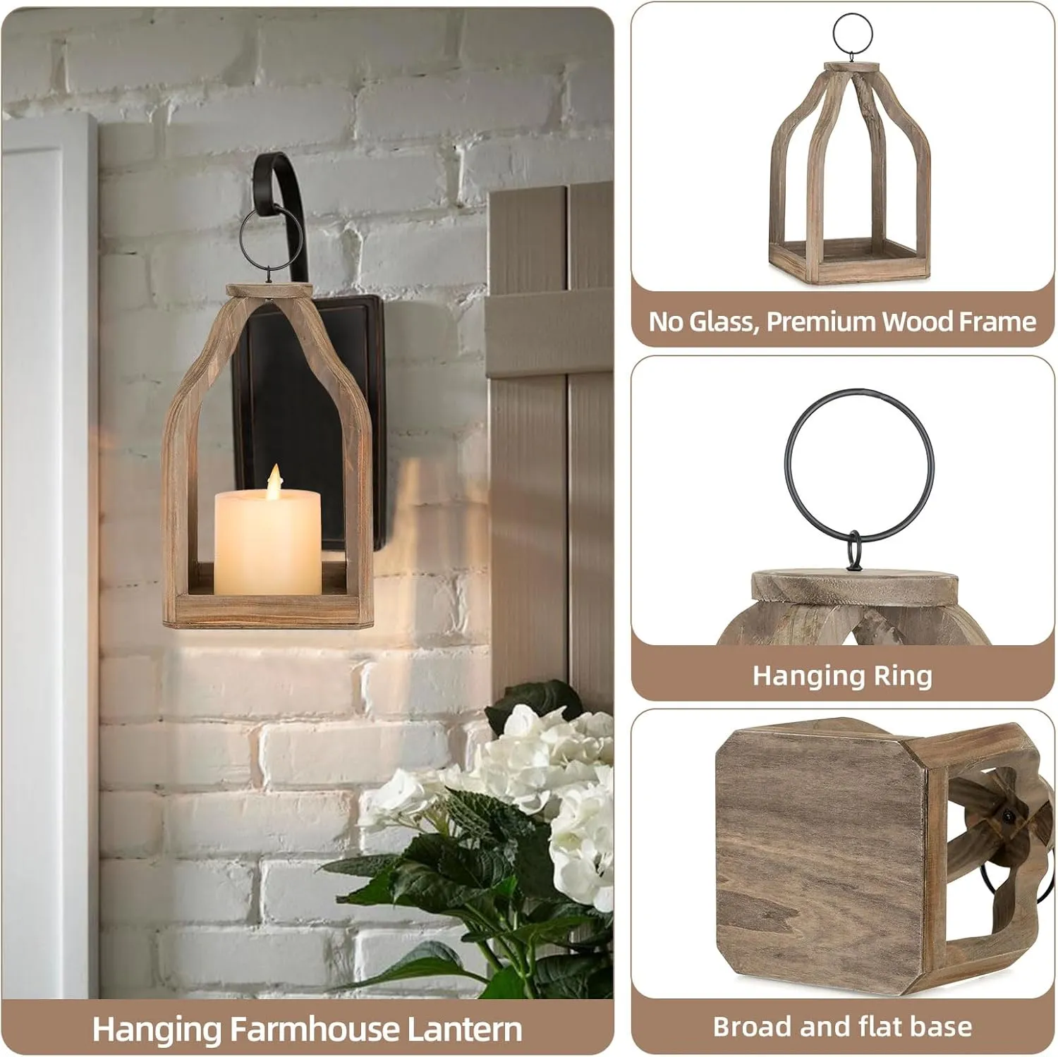 Wood Lanterns Decorative Indoor: Farmhouse Hanging Candle Holder Set of 2 Brown Table Centerpiece Fireplace Mantle Shelf 11" & 8" Rustic Home Decor Fall Ornaments