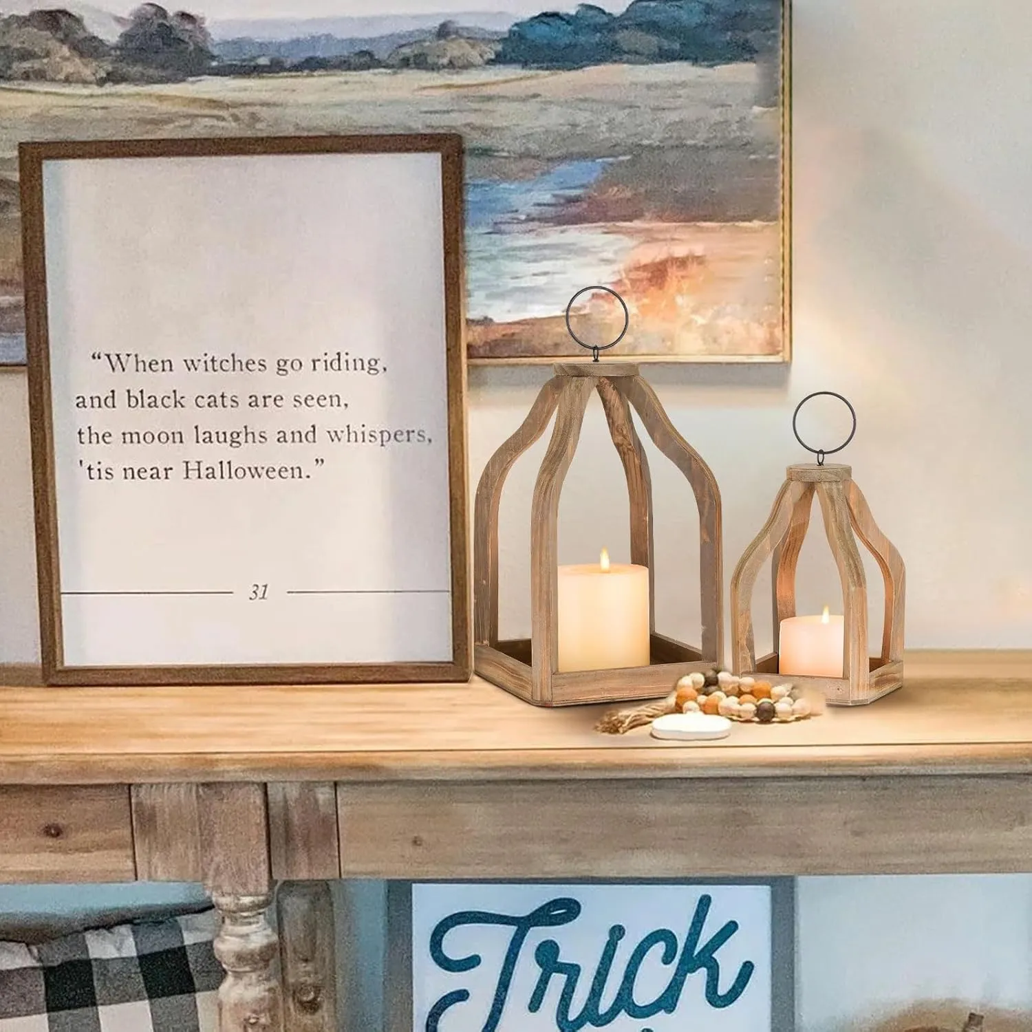 Wood Lanterns Decorative Indoor: Farmhouse Hanging Candle Holder Set of 2 Brown Table Centerpiece Fireplace Mantle Shelf 11" & 8" Rustic Home Decor Fall Ornaments