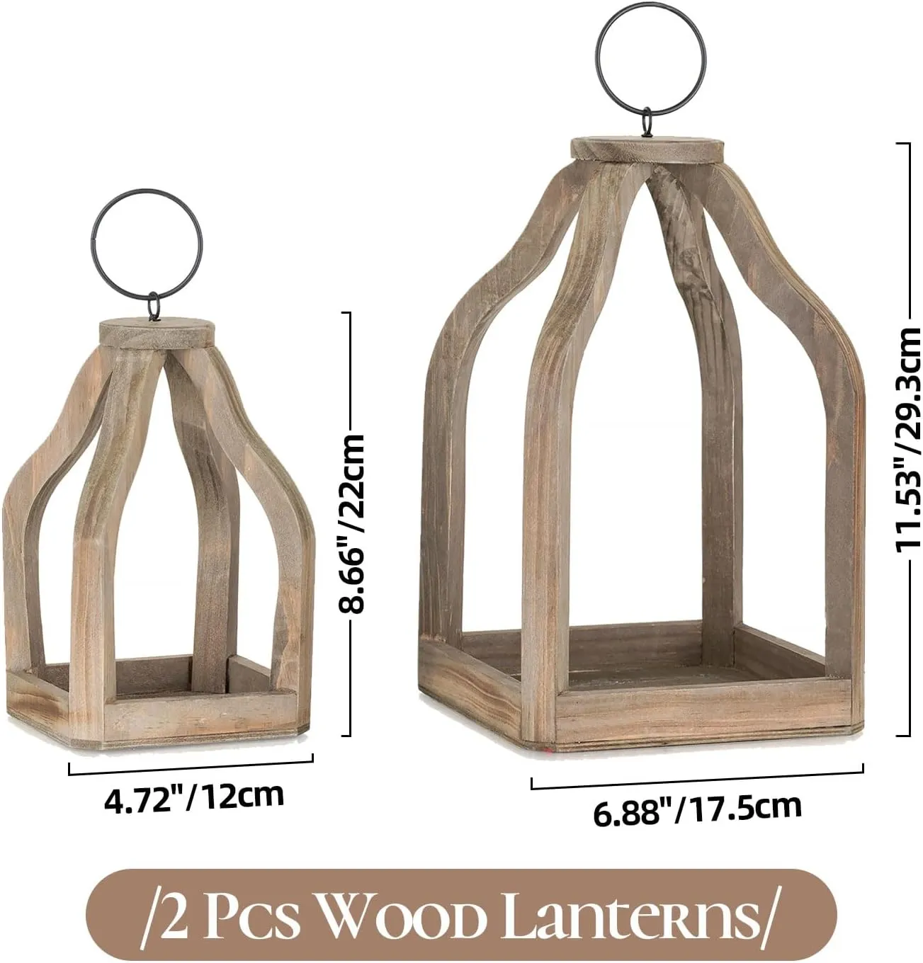 Wood Lanterns Decorative Indoor: Farmhouse Hanging Candle Holder Set of 2 Brown Table Centerpiece Fireplace Mantle Shelf 11" & 8" Rustic Home Decor Fall Ornaments