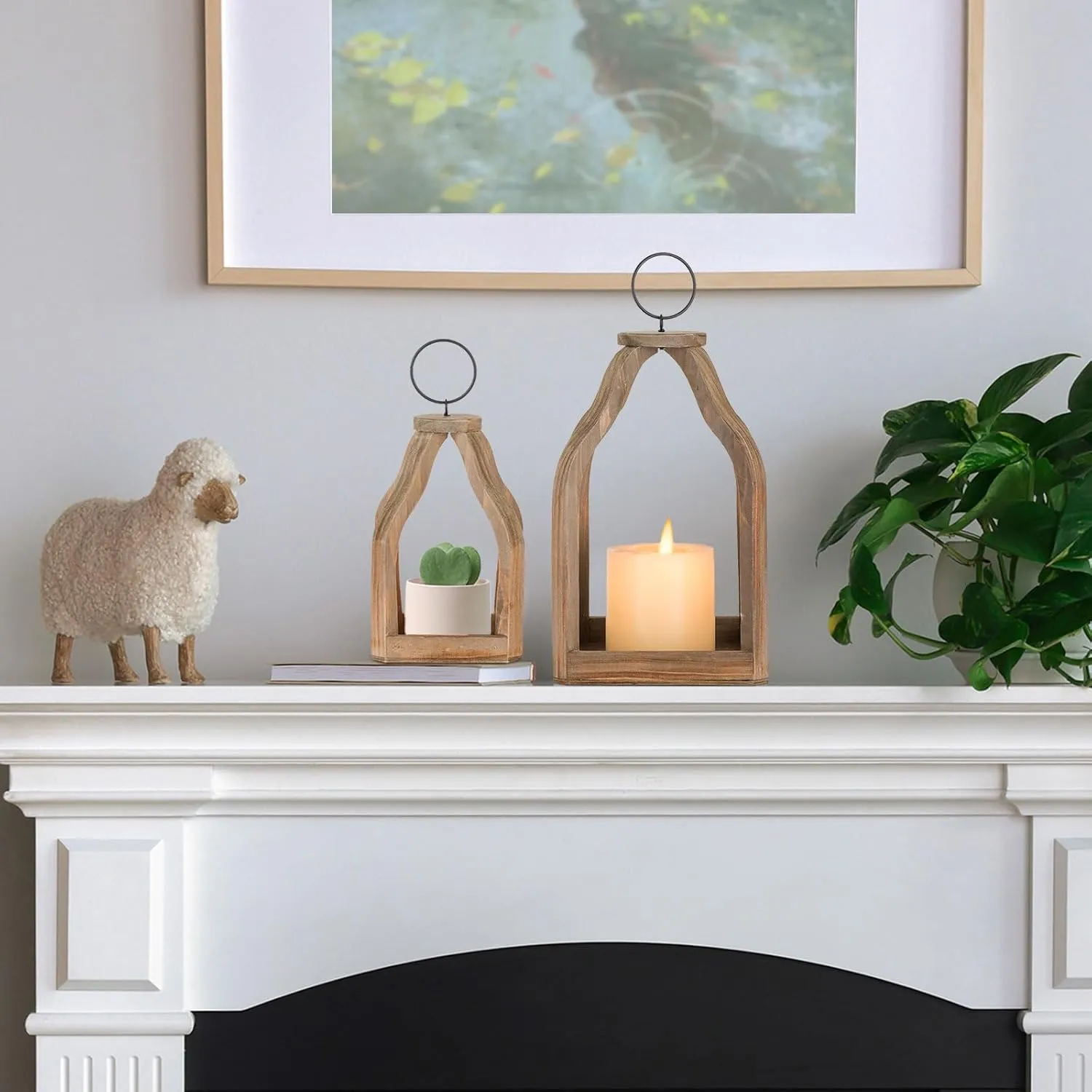 Wood Lanterns Decorative Indoor: Farmhouse Hanging Candle Holder Set of 2 Brown Table Centerpiece Fireplace Mantle Shelf 11" & 8" Rustic Home Decor Fall Ornaments