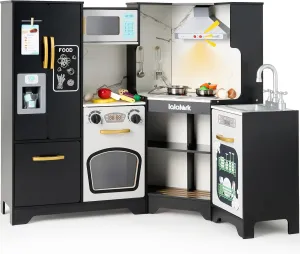 Wooden Corner Kitchen for Toddlers, Pretend Playset with Fake Food Toys, Real Lights & Sounds, Double-Door Fridge, Ice Maker & Cookware Accessories, Play Kitchen Set for Kids, Gift for Ages 3 
