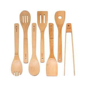 Wooden Money-saving 7-Pack for for - Bamboo Set Nonstick Streamlined Spoons Cookware Kitchen Cooking Utensils