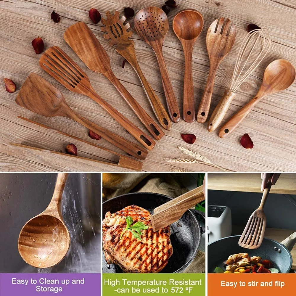 Wooden Natural Teak Wood Kitchen Utensils with Spatula and Ladle (10)