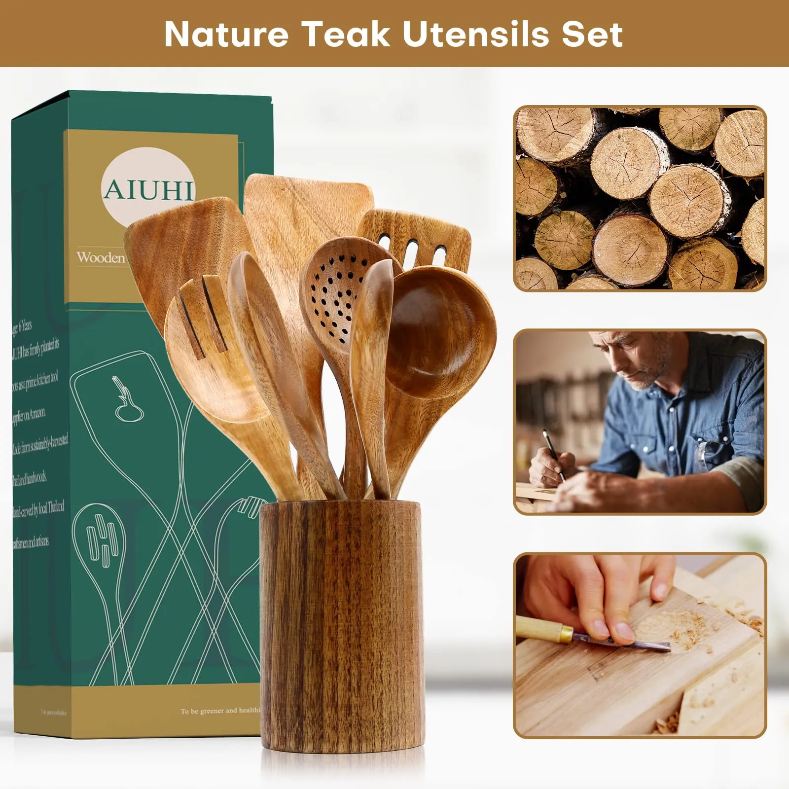 Wooden Natural Teak Wood Kitchen Utensils with Spatula and Ladle (10)
