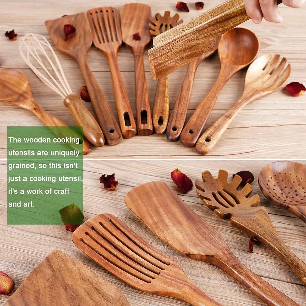 Wooden Natural Teak Wood Kitchen Utensils with Spatula and Ladle (10)