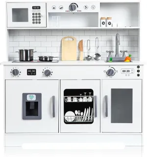 Wooden Play Kitchen - Kids Kitchen Playset with Cookware Accessories, Microwave, Oven, Sink, Real Lights & Sounds - Perfect for Chef Pretend Play, White
