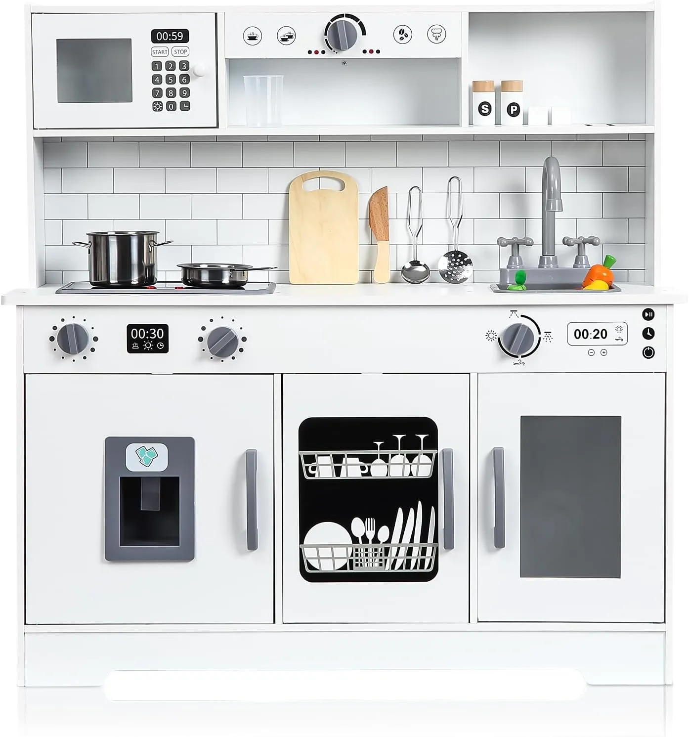 Wooden Play Kitchen - Kids Kitchen Playset with Cookware Accessories, Microwave, Oven, Sink, Real Lights & Sounds - Perfect for Chef Pretend Play, White