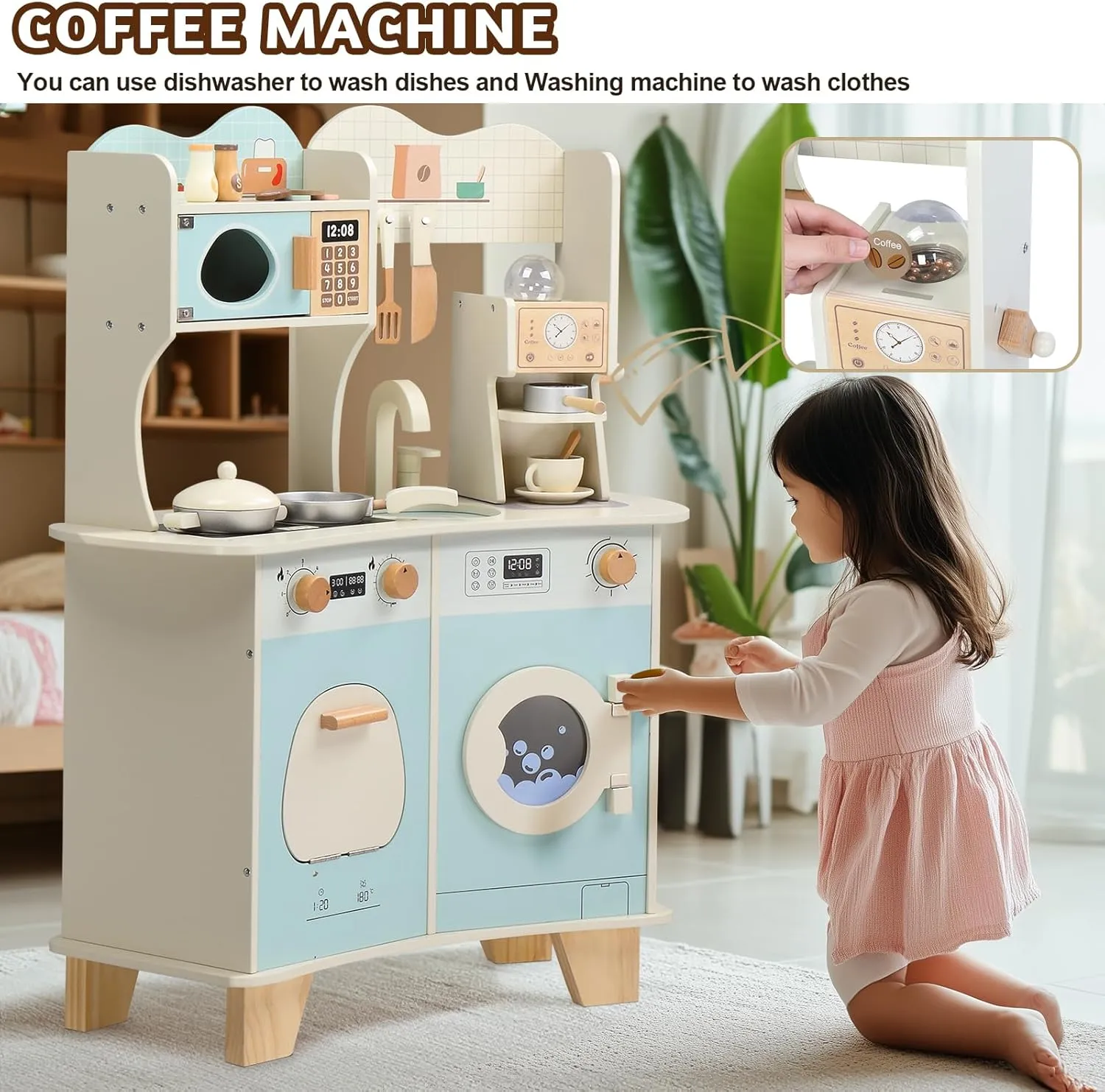 Wooden Play Kitchen Set, Pretend Kitchen Playset for Kids with Cookware Accessories for Ages 3  Boys & Girls, Medium (Blue)