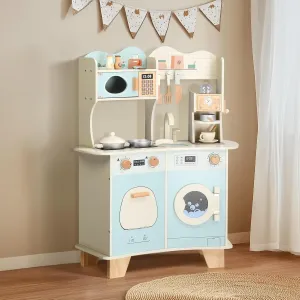 Wooden Play Kitchen Set, Pretend Kitchen Playset for Kids with Cookware Accessories for Ages 3  Boys & Girls, Medium (Blue)