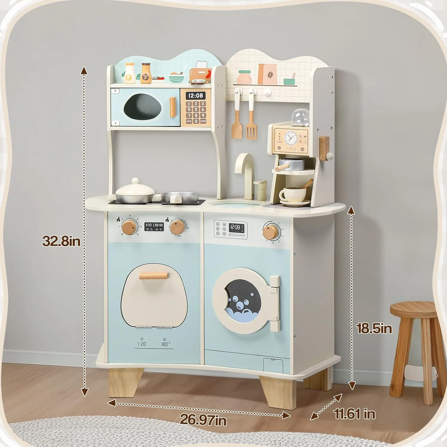 Wooden Play Kitchen Set, Pretend Kitchen Playset for Kids with Cookware Accessories for Ages 3  Boys & Girls, Medium (Blue)