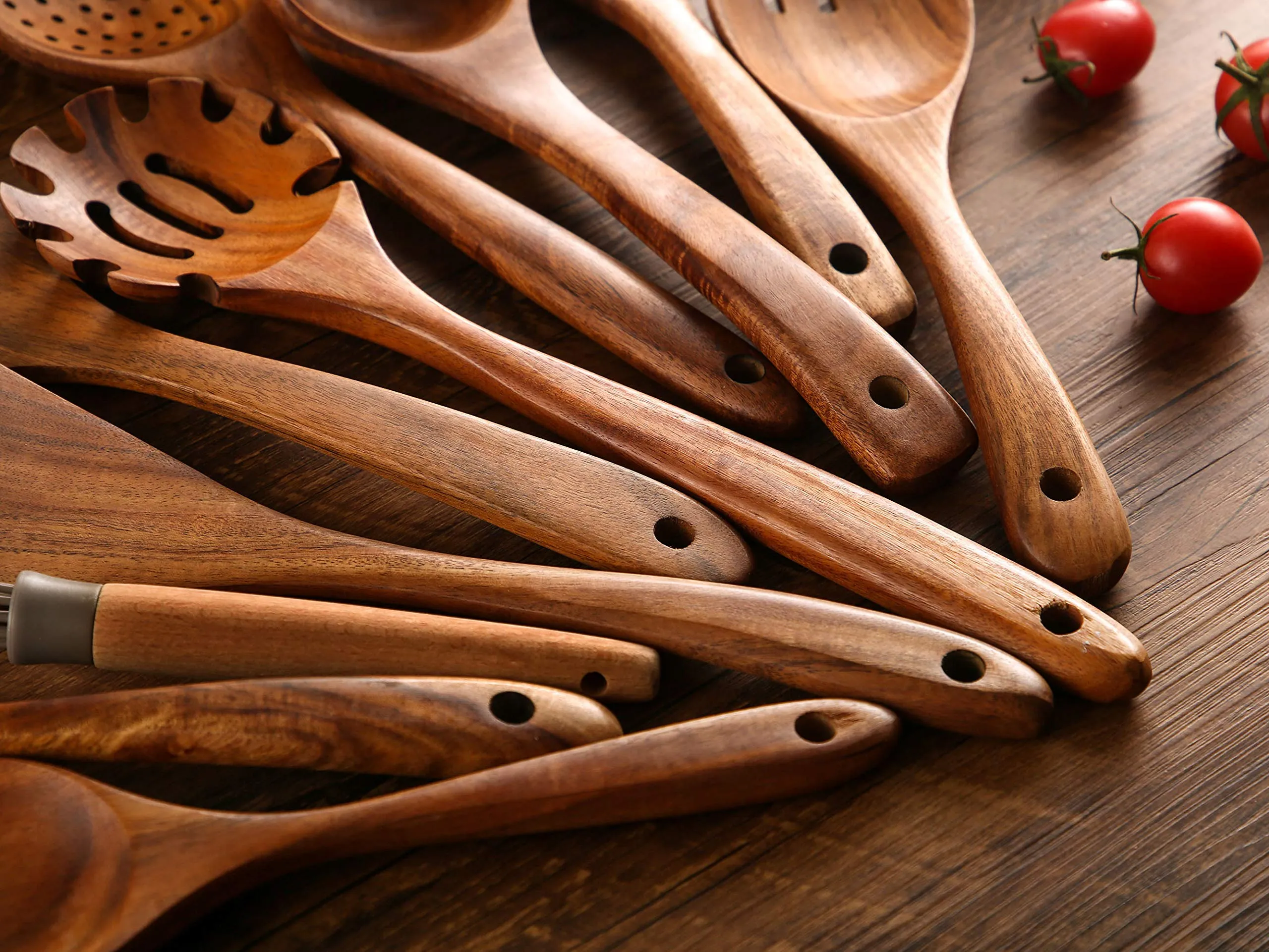 Wooden Spoons for Cooking, 10 Pcs Wooden Utensils for Cooking, NAYAHOSE Natural Teak Wood Spoons, Non-Stick Comfort Grip Kitchen Utensils Set