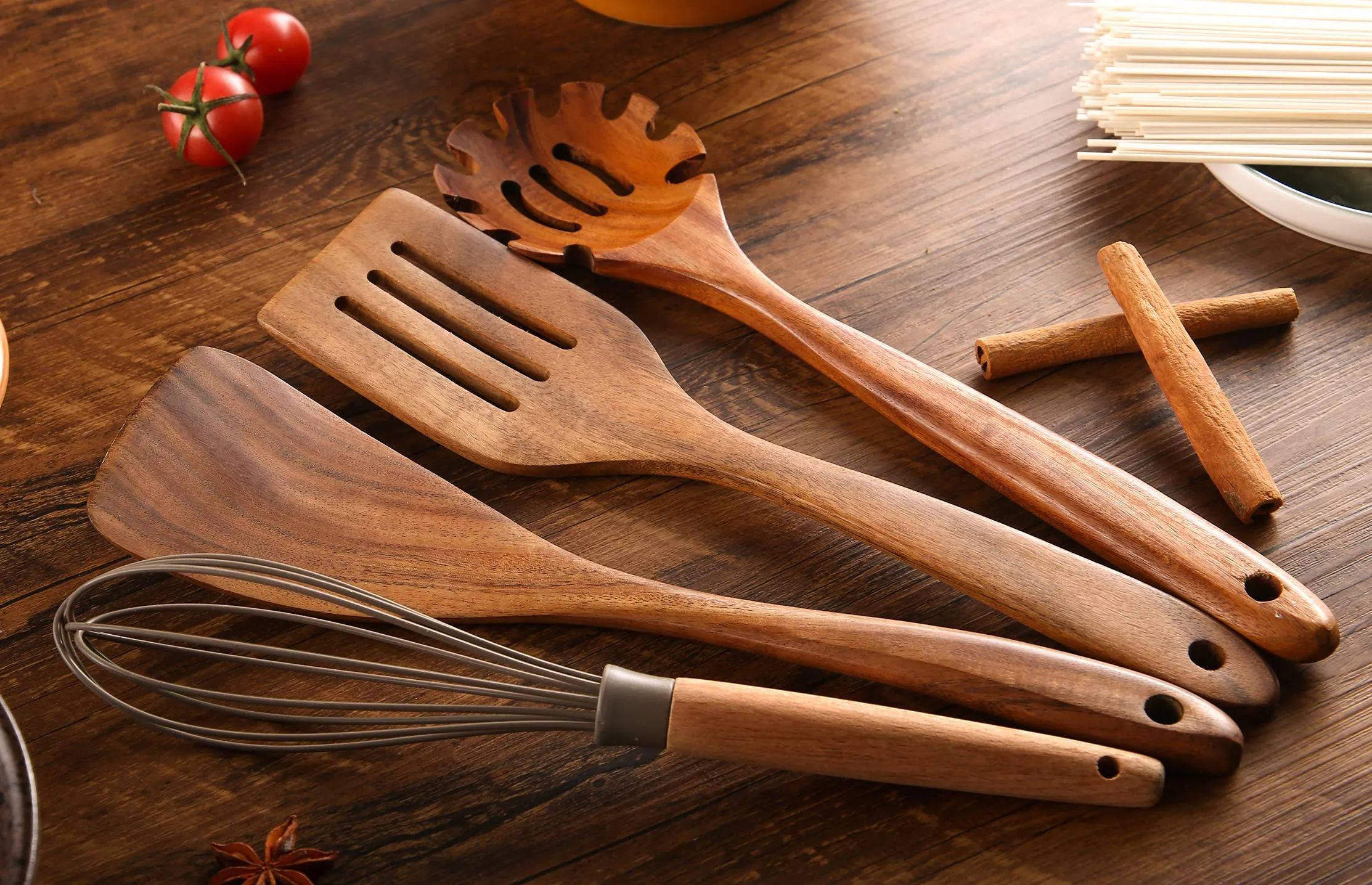 Wooden Spoons for Cooking, 10 Pcs Wooden Utensils for Cooking, NAYAHOSE Natural Teak Wood Spoons, Non-Stick Comfort Grip Kitchen Utensils Set
