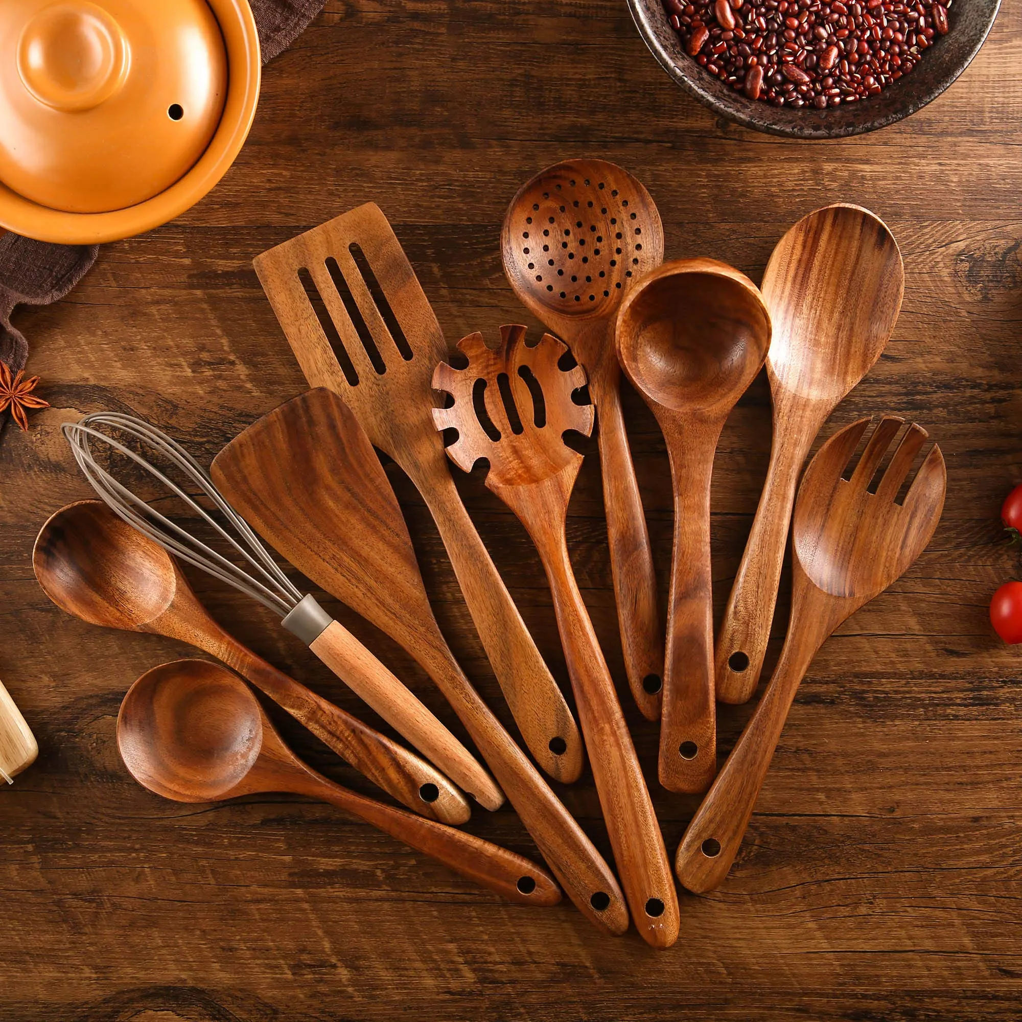 Wooden Spoons for Cooking, 10 Pcs Wooden Utensils for Cooking, NAYAHOSE Natural Teak Wood Spoons, Non-Stick Comfort Grip Kitchen Utensils Set