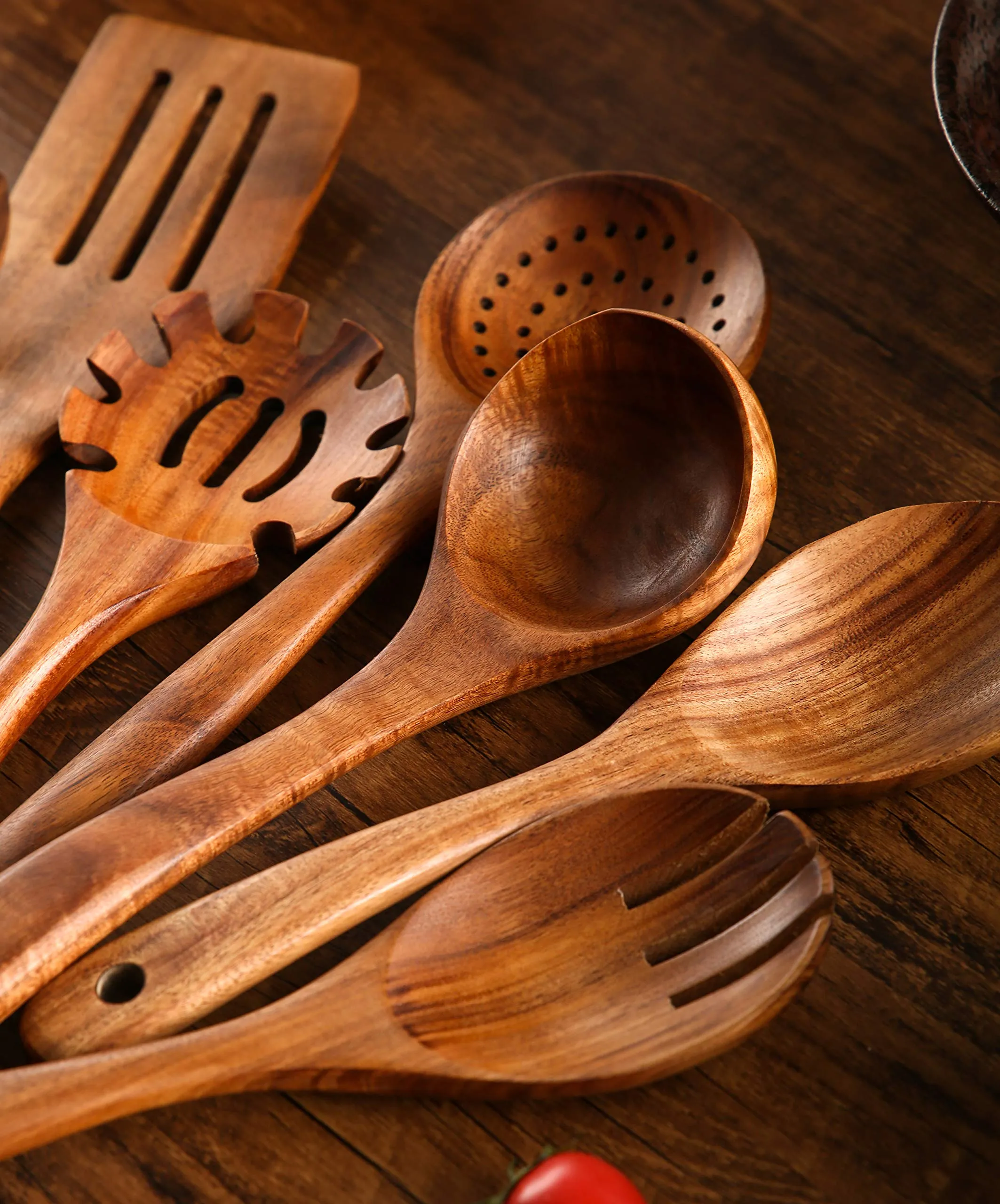 Wooden Spoons for Cooking, 10 Pcs Wooden Utensils for Cooking, NAYAHOSE Natural Teak Wood Spoons, Non-Stick Comfort Grip Kitchen Utensils Set