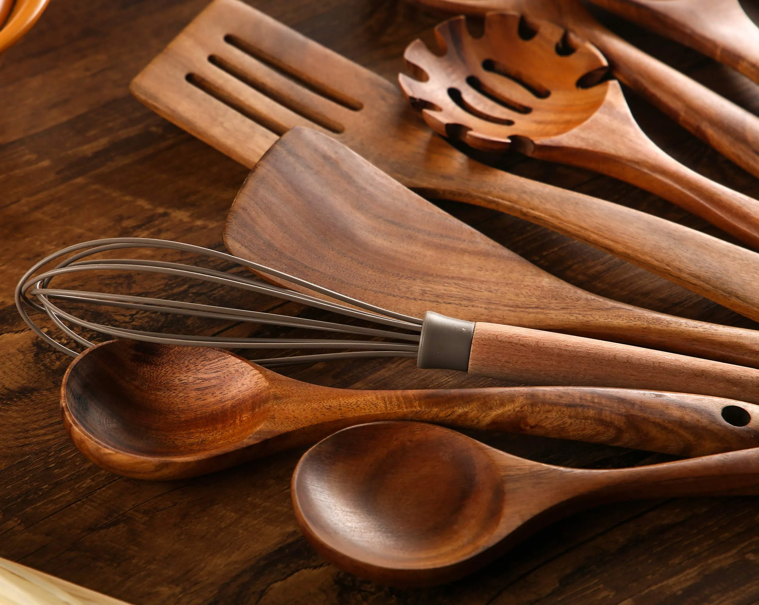Wooden Spoons for Cooking, 10 Pcs Wooden Utensils for Cooking, NAYAHOSE Natural Teak Wood Spoons, Non-Stick Comfort Grip Kitchen Utensils Set