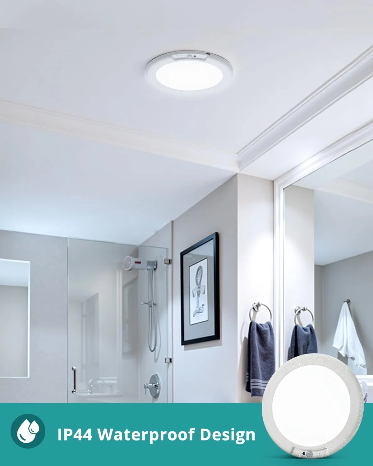 wowatt Battery Operated Ceiling Light Rechargeable Motion Sensor Lamp Indoor Wireless Shower Light with Remote 3000K 4500K 6500K 7.48in Dimmable Timing Motion Activated Light for Closet Shower Pantry