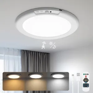 wowatt Battery Operated Ceiling Light Rechargeable Motion Sensor Lamp Indoor Wireless Shower Light with Remote 3000K 4500K 6500K 7.48in Dimmable Timing Motion Activated Light for Closet Shower Pantry