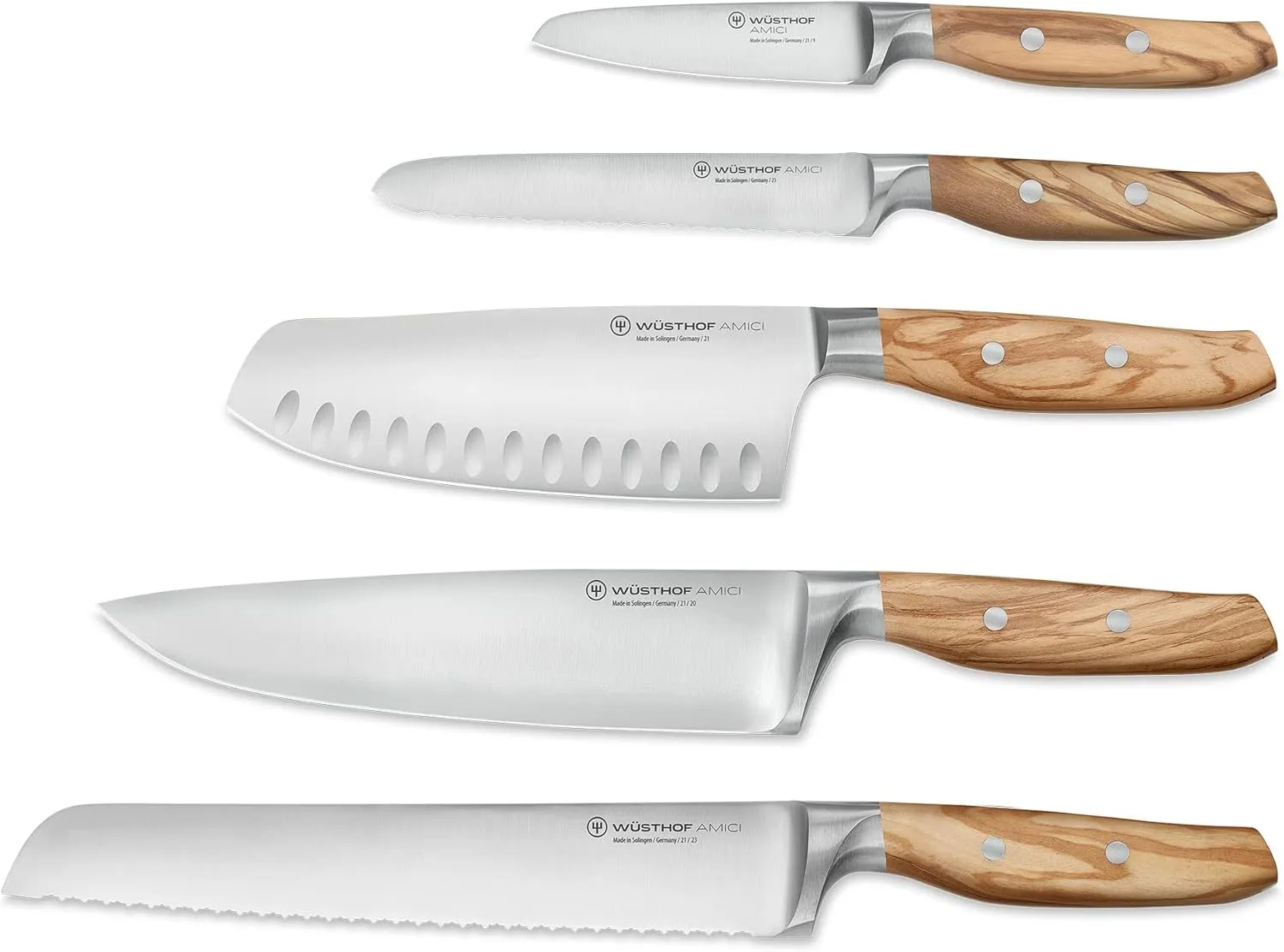 Wusthof Amici Six Piece Knife Block Set | Stainless Steel Knives with Olive Wood Handles