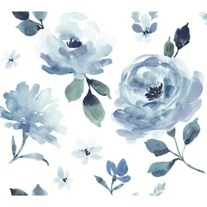 Wynde Blue Watercolor Blooms  Botanical  Peel And Stick Wallpaper | Jeffrey Stevens