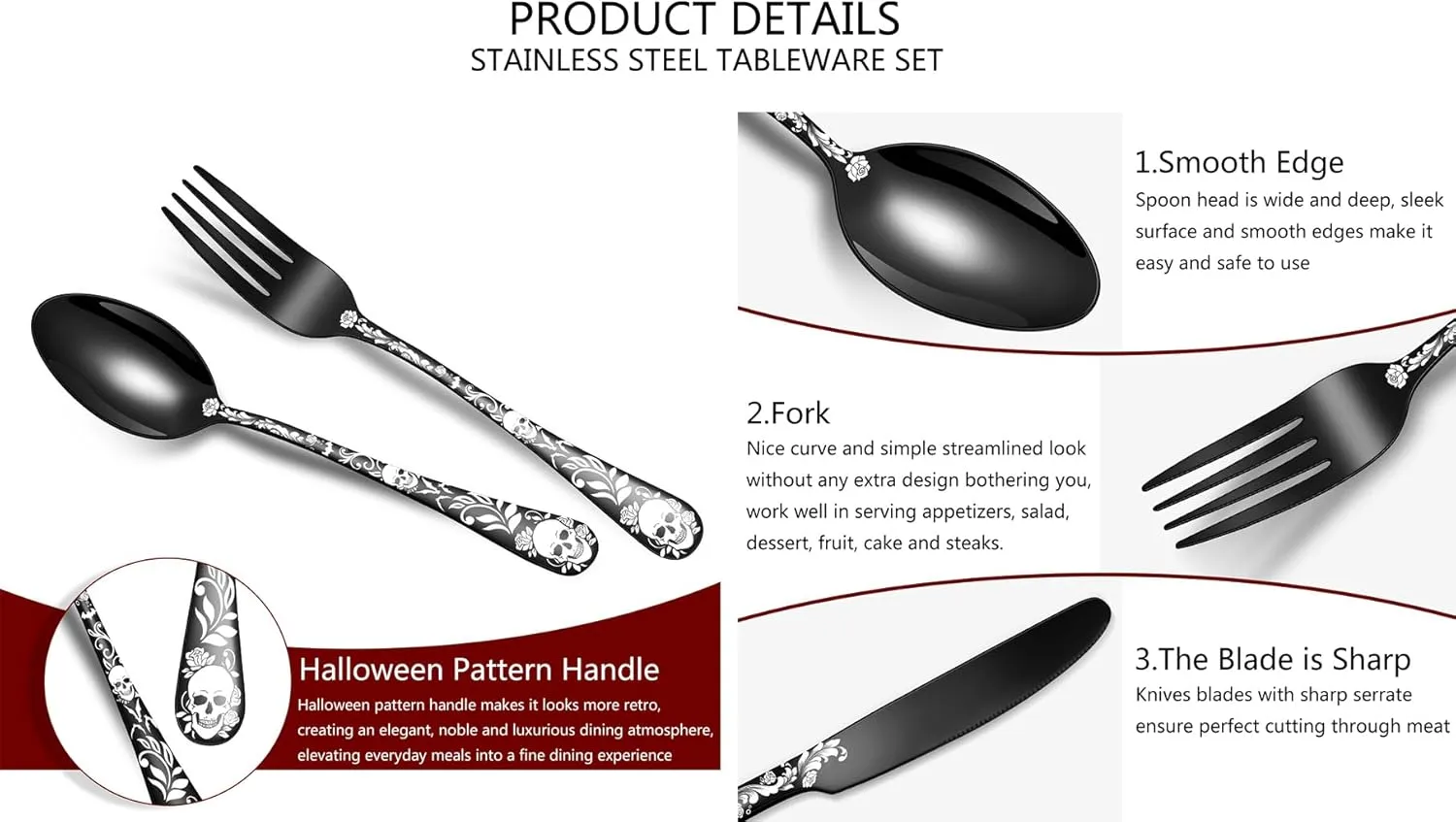 XIAOYU Halloween Skeleton Silverware Set, 24 Piece Stainless Steel Flatware Set Service for 6, Gothic Skull Cutlery Set Utensils for Halloween Easter Christmas, Rainbow