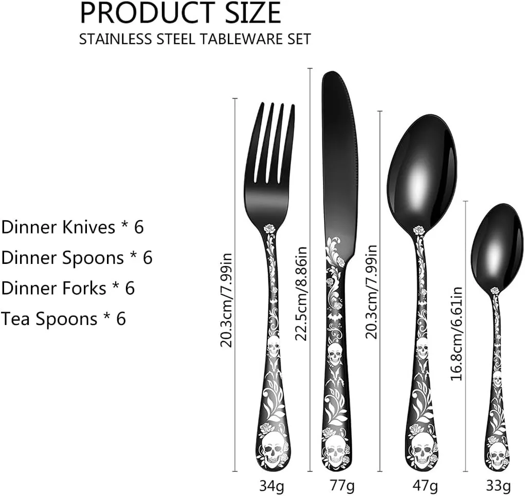XIAOYU Halloween Skeleton Silverware Set, 24 Piece Stainless Steel Flatware Set Service for 6, Gothic Skull Cutlery Set Utensils for Halloween Easter Christmas, Rainbow