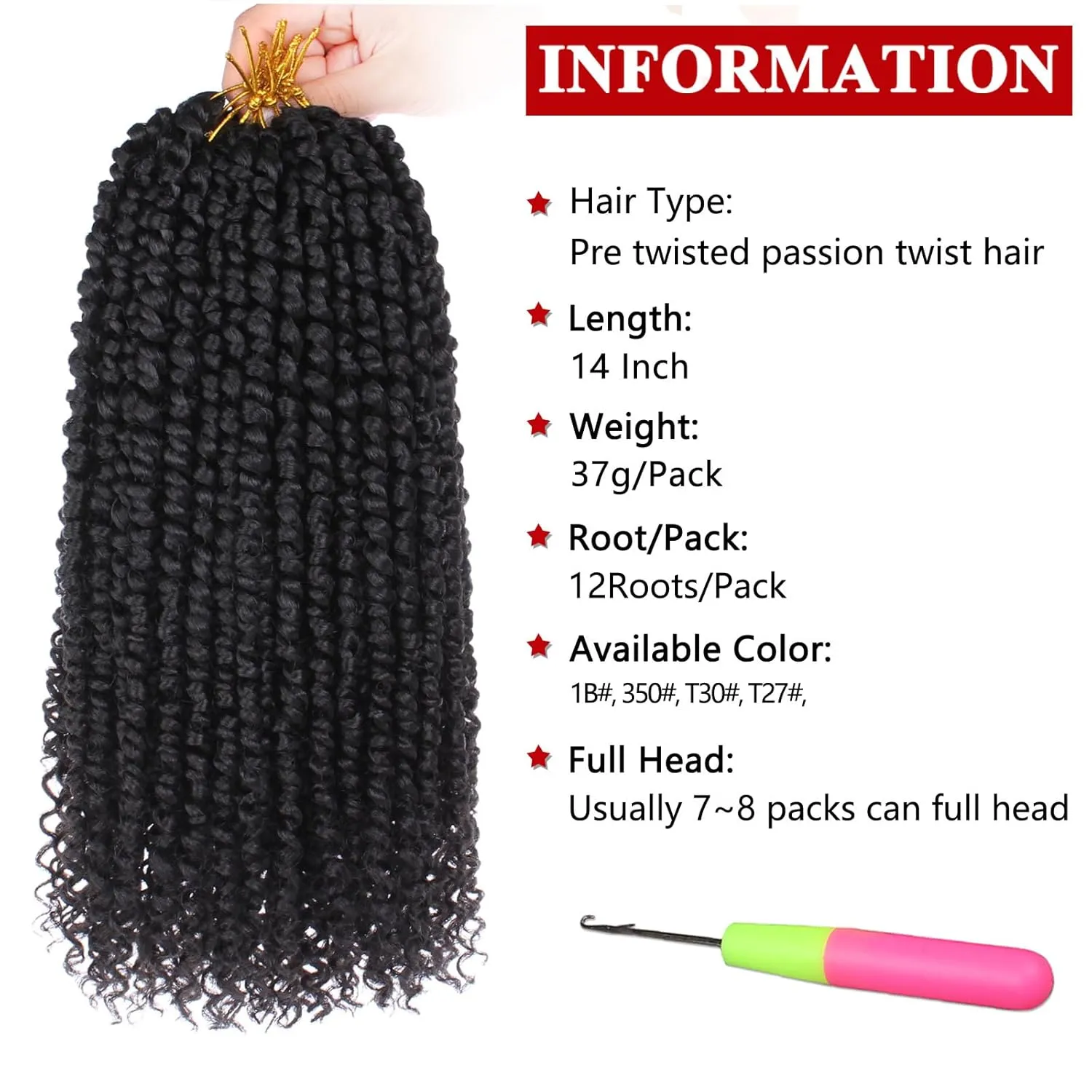 Xtrend 8 Packs Pre-twisted Passion Twist Crochet Hair 14 Inch Natural Black Pre-looped Crochet Braids Hair For Women Bohemian Synthetic Passion Braiding Hair Extension (8packs, 1B#)